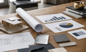 Architectural plans, commercial charts and material samples on a strategy table