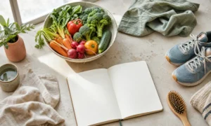 Healthy food, running shoes and household items arranged on a sunlit table