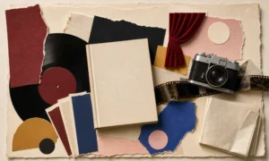 Handmade cultural collage with a book, record, camera and film
