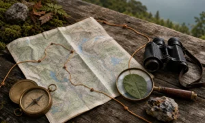 Map, compass, binoculars and field research objects on a wooden table