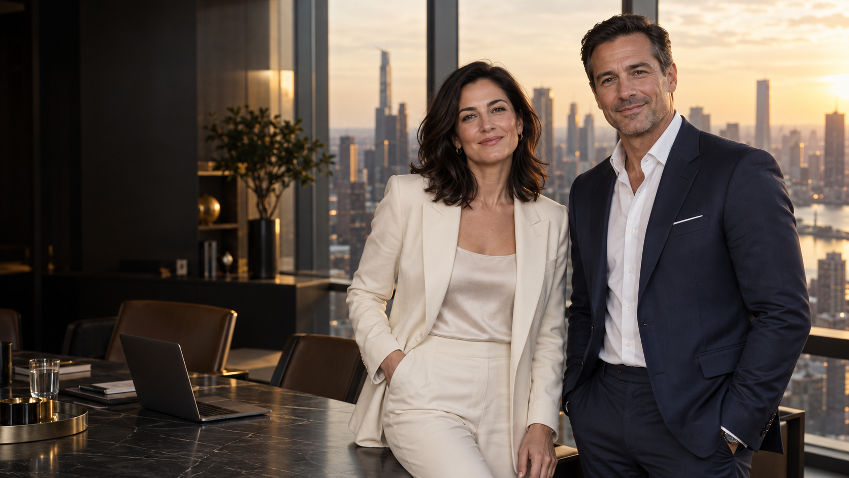 Illustrative portrait of two business leaders in a Manhattan office