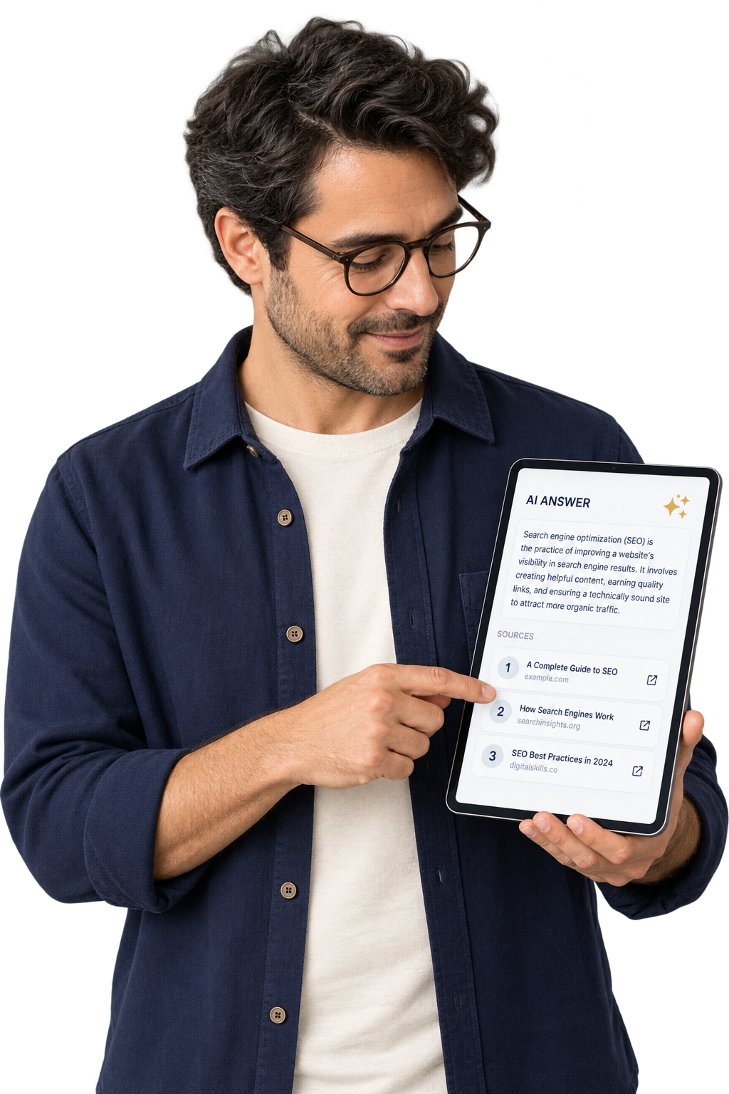 An analyst studying a generative AI answer and its cited sources on a tablet