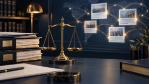 Scales of justice and legal case files connected to digital news articles