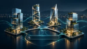 Four connected digital towers representing diversified software brands and enterprise SEO resilience