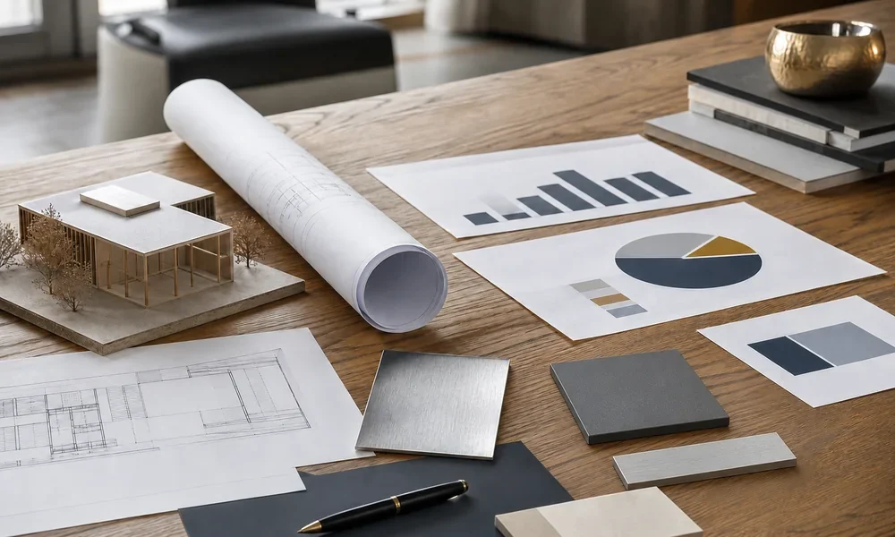 Architectural plans, commercial charts and material samples on a strategy table
