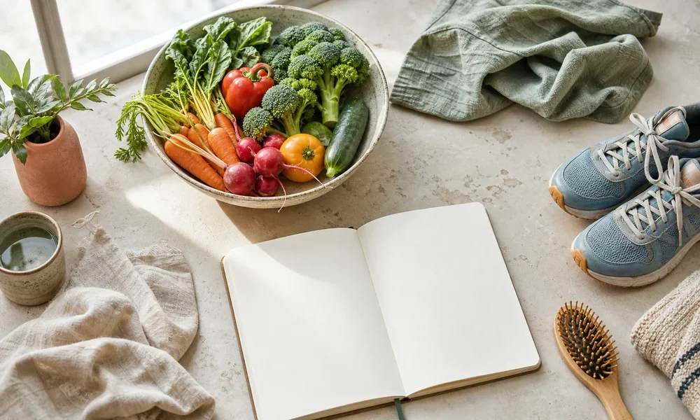 Healthy food, running shoes and household items arranged on a sunlit table