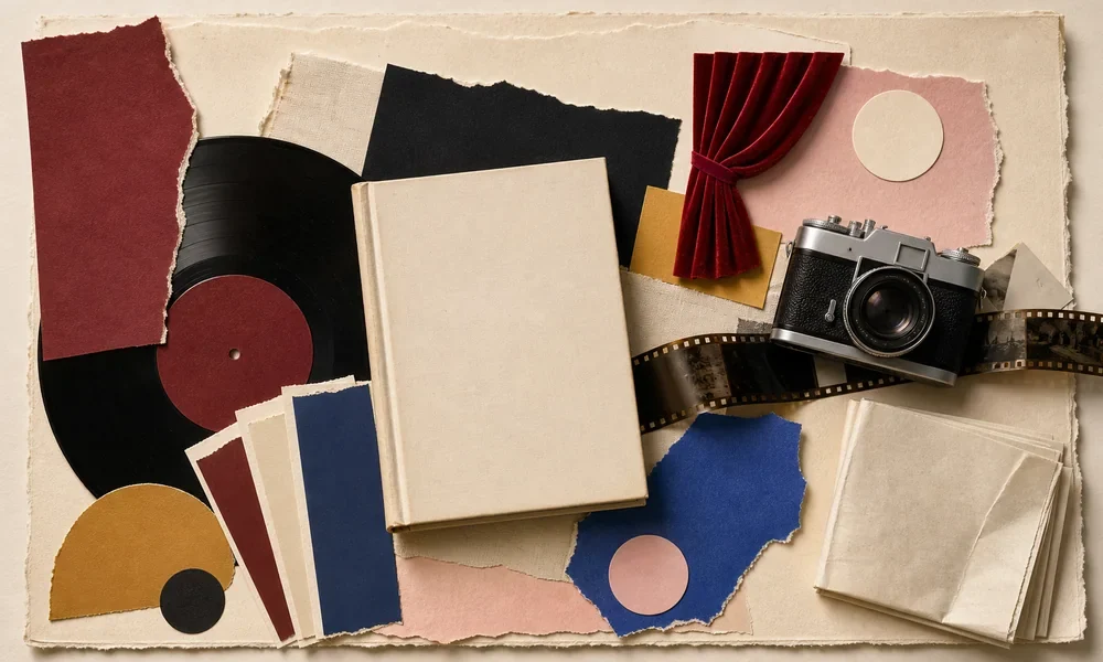 Handmade cultural collage with a book, record, camera and film