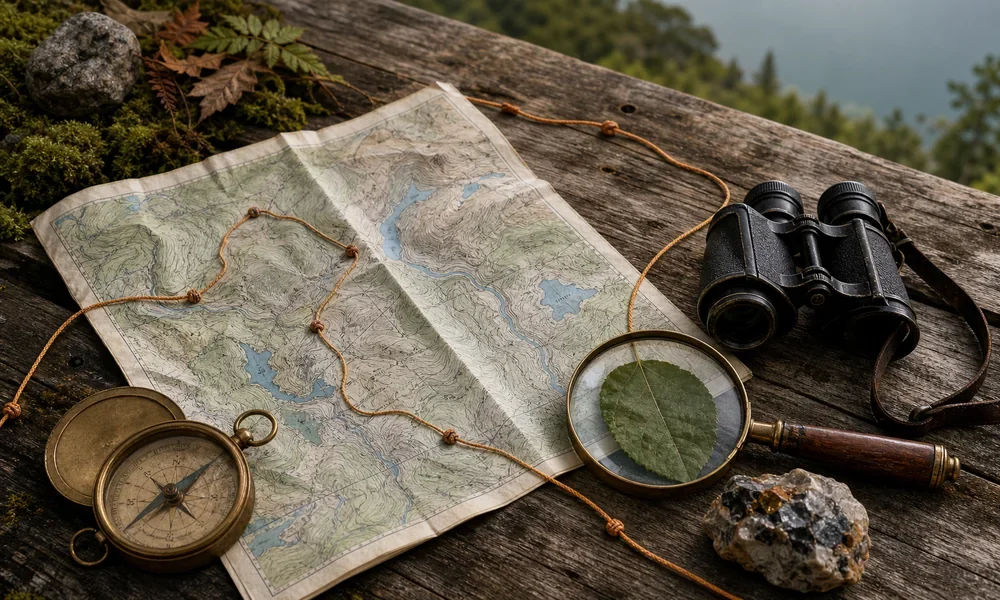 Map, compass, binoculars and field research objects on a wooden table