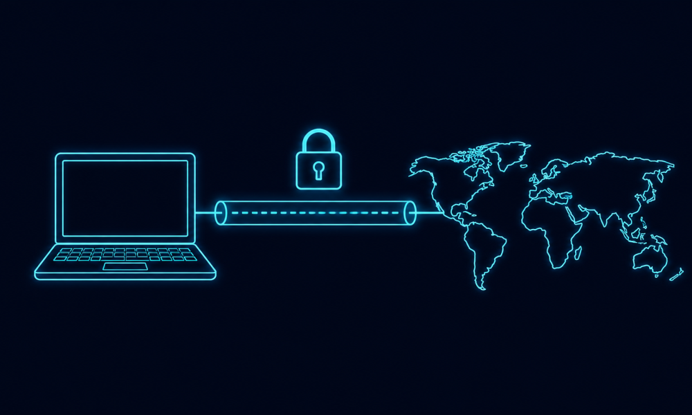 aptop connected by a glowing line to a world map, illustrating a secure VPN connection.
