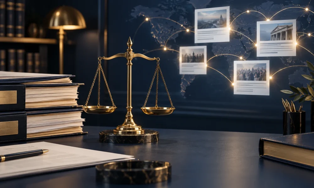 Scales of justice and legal case files connected to digital news articles