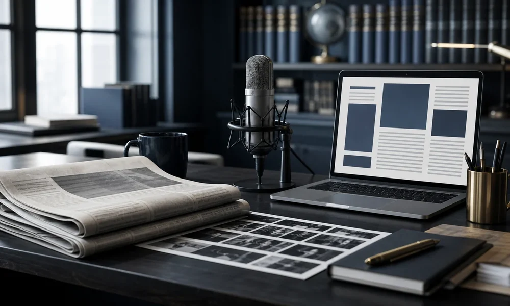 Traditional editorial desk with newspaper, microphone and digital publishing workspace