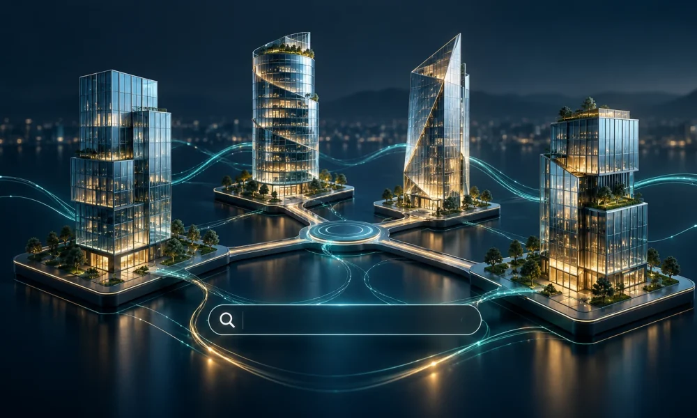 Four connected digital towers representing diversified software brands and enterprise SEO resilience